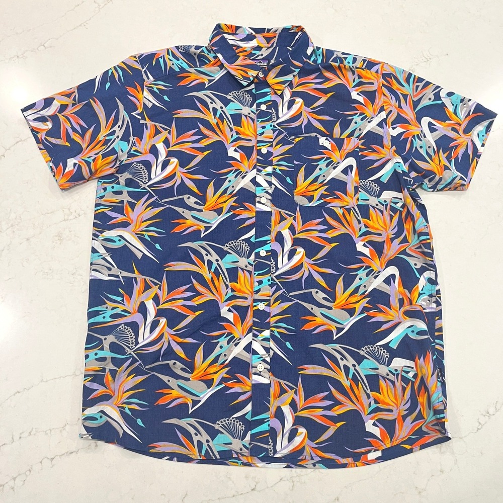 Patagonia Go To Shirt Mens XL Blue Floral Bird of Paradise Organic Cotton